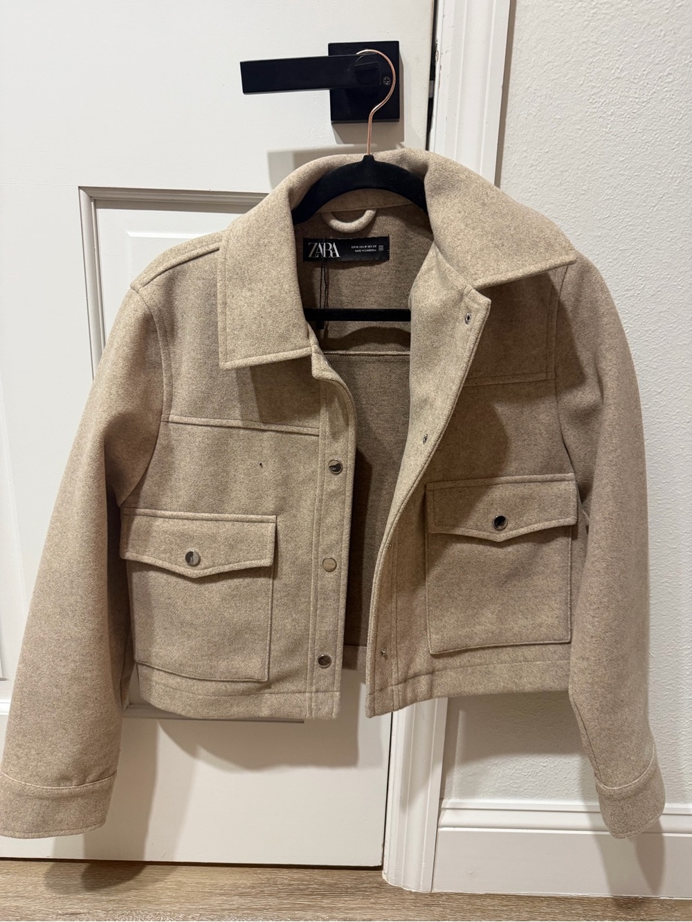 Zara Beige Cropped Wool-Blend Pea Coat